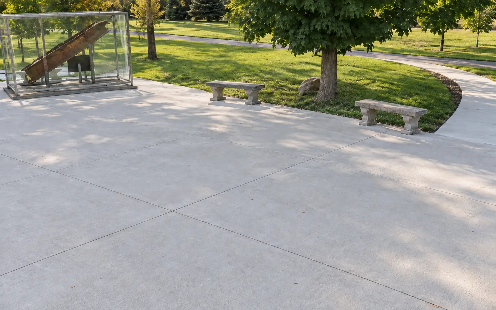 A photograph-based recreation of the park, with its maple tree, concrete benches, and nearby 9/11 display.