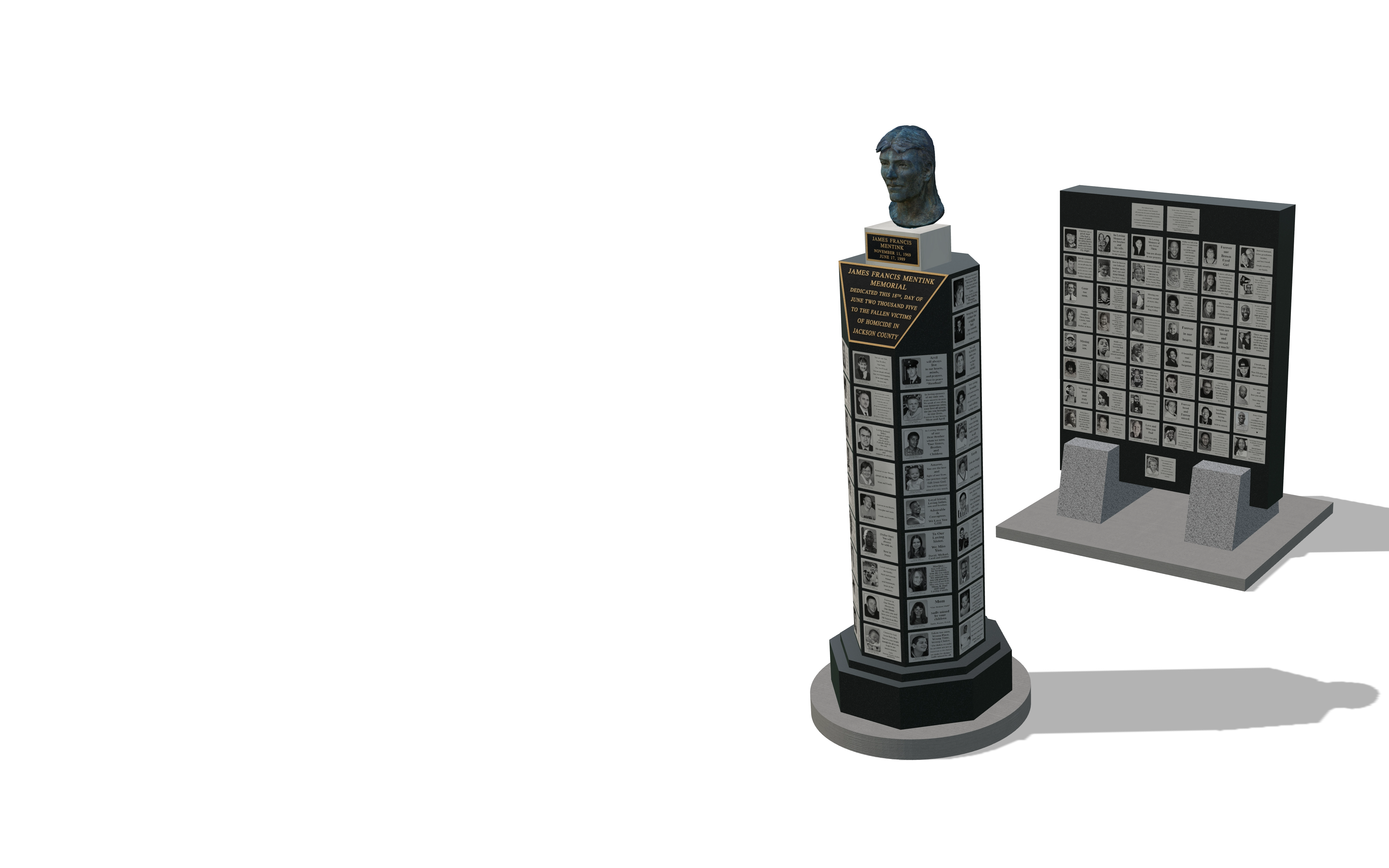 The memorial pillar, bust, and portrait wall.