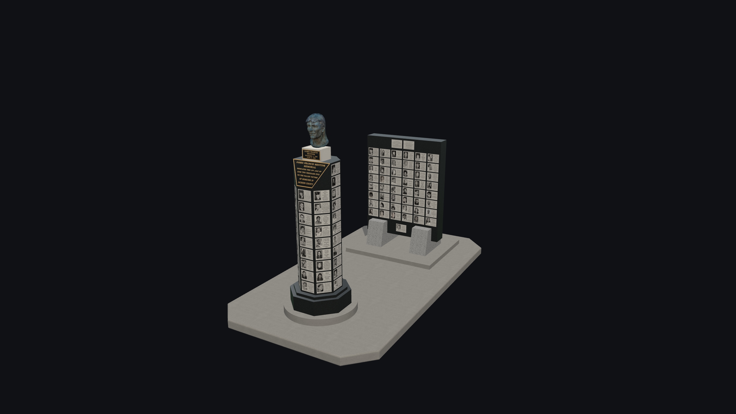 Digital reconstruction of the James Francis Mentink Memorial pillar and wall on a compact concrete base against charcoal.